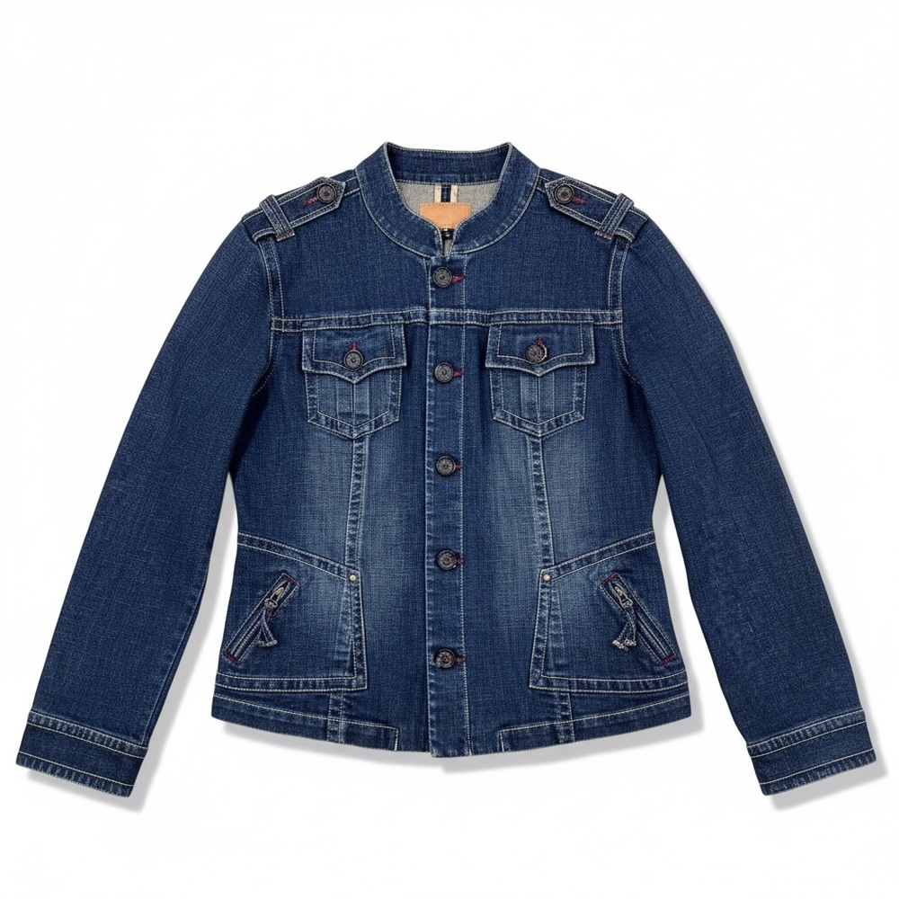 Christopher Blue Denim Jacket XL Jean Coat Pockets‎ Button Zipper Moto Military